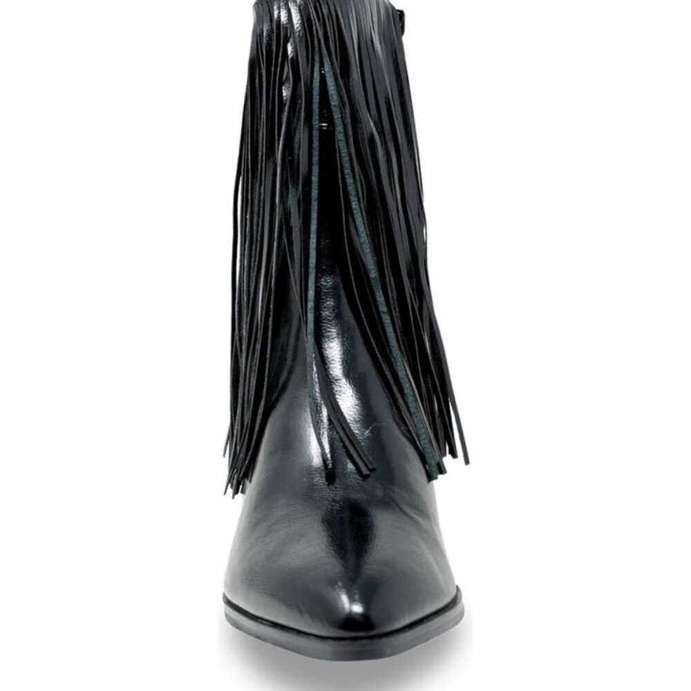 NIB CHASE + CHLOE Malena Black Gloss PU Western Pointed Toe Fringe Ankle Boot 9M